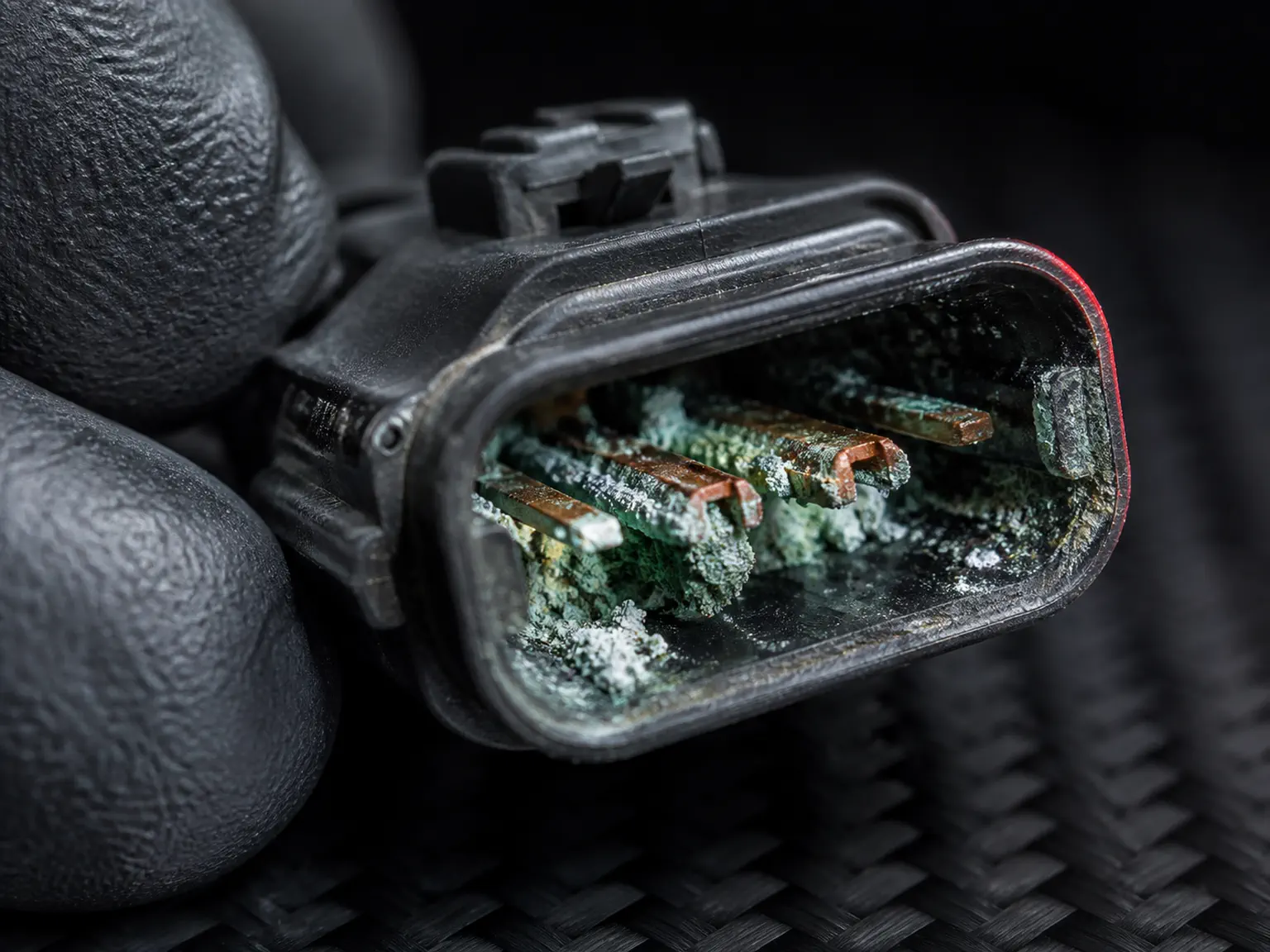 Corrosão por azinhavre em conector automotivo exposto à maresia